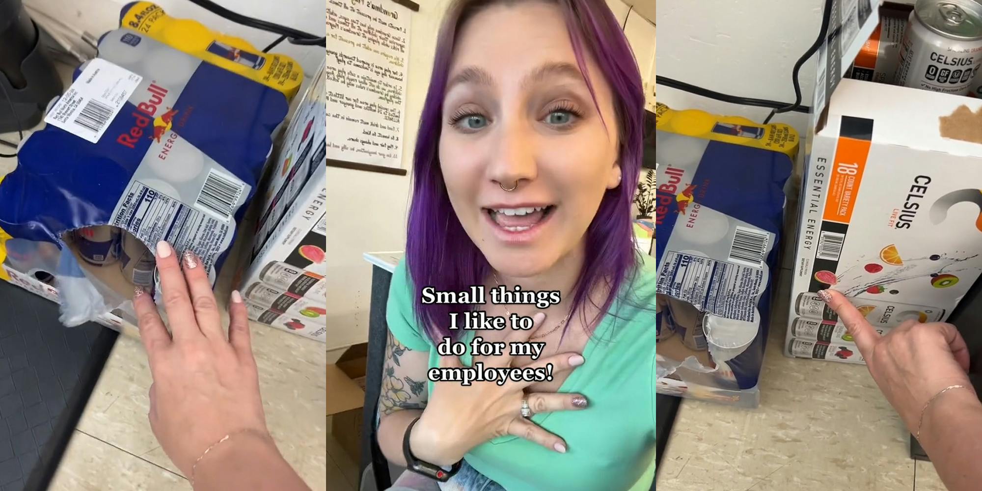 Manager showing case of RedBull on floor (l) Manager speaking with hand on chest with caption "Small things I like to do for my employees!" (c) Manager speaking pointing to case of Celsius on ground (r)