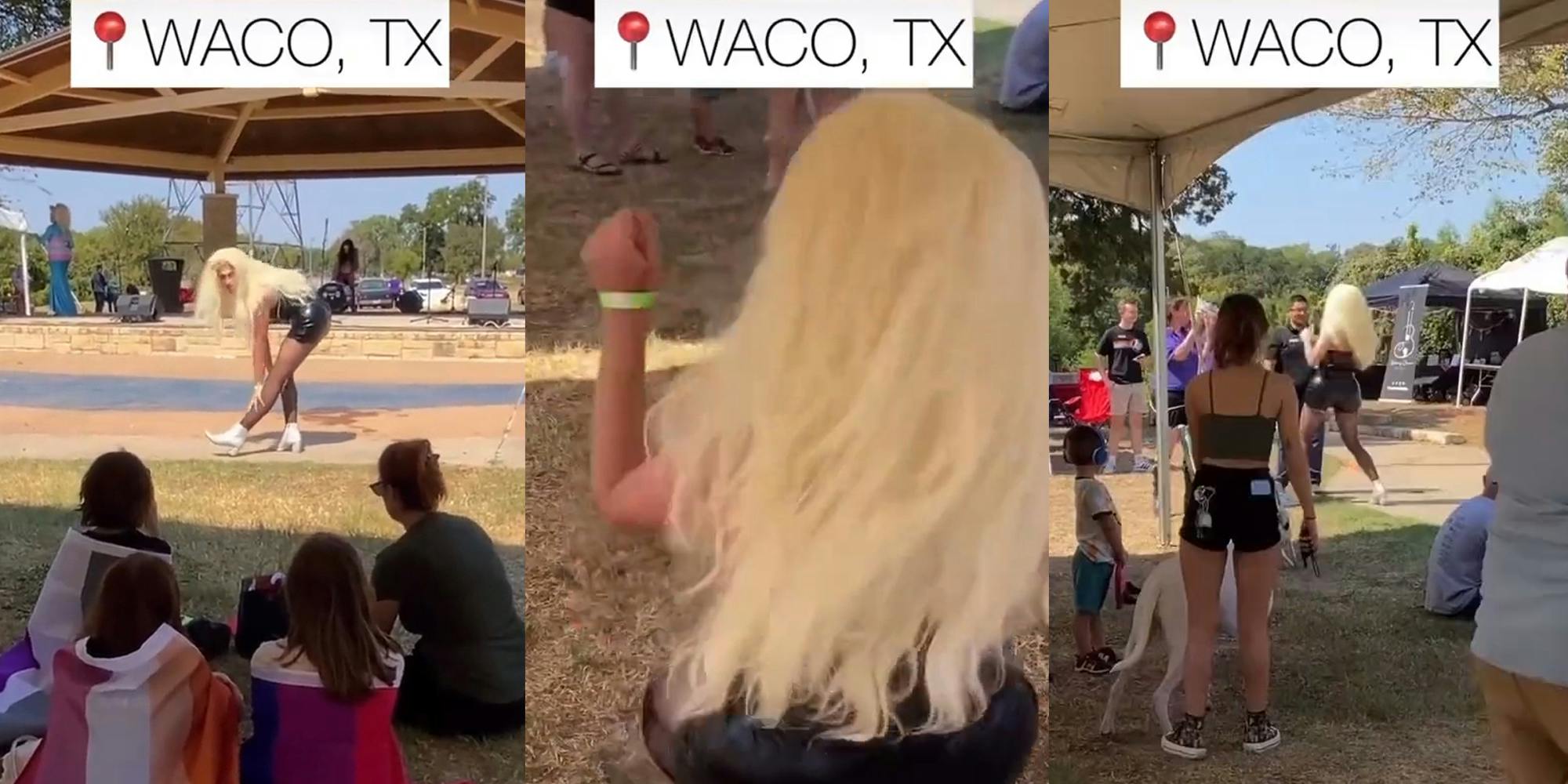 Drag Queen Harlotte Hussy dancing for all ages pride event outside with caption "WACO, TX" (l) Drag Queen Harlotte Hussy dancing for all ages pride event outside with caption "WACO, TX" (c) Drag Queen Harlotte Hussy dancing for all ages pride event outside with caption "WACO, TX" (r)