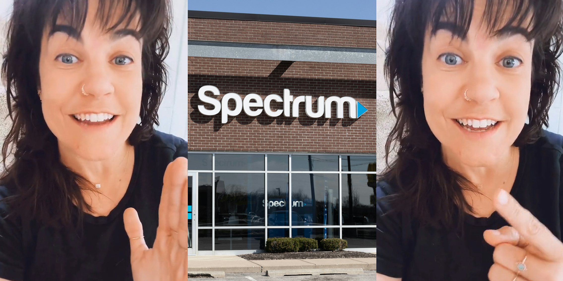Spectrum customer speaking (l) Spectrum sign on building (c) Spectrum customer speaking pointing left (r)