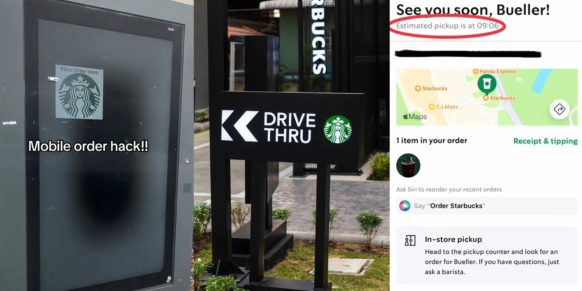 Starbucks drive thru order screen with caption "Mobile order hack!!" (l) Starbucks drive thru with signs (c) Starbucks mobile order with time circled with red (r)