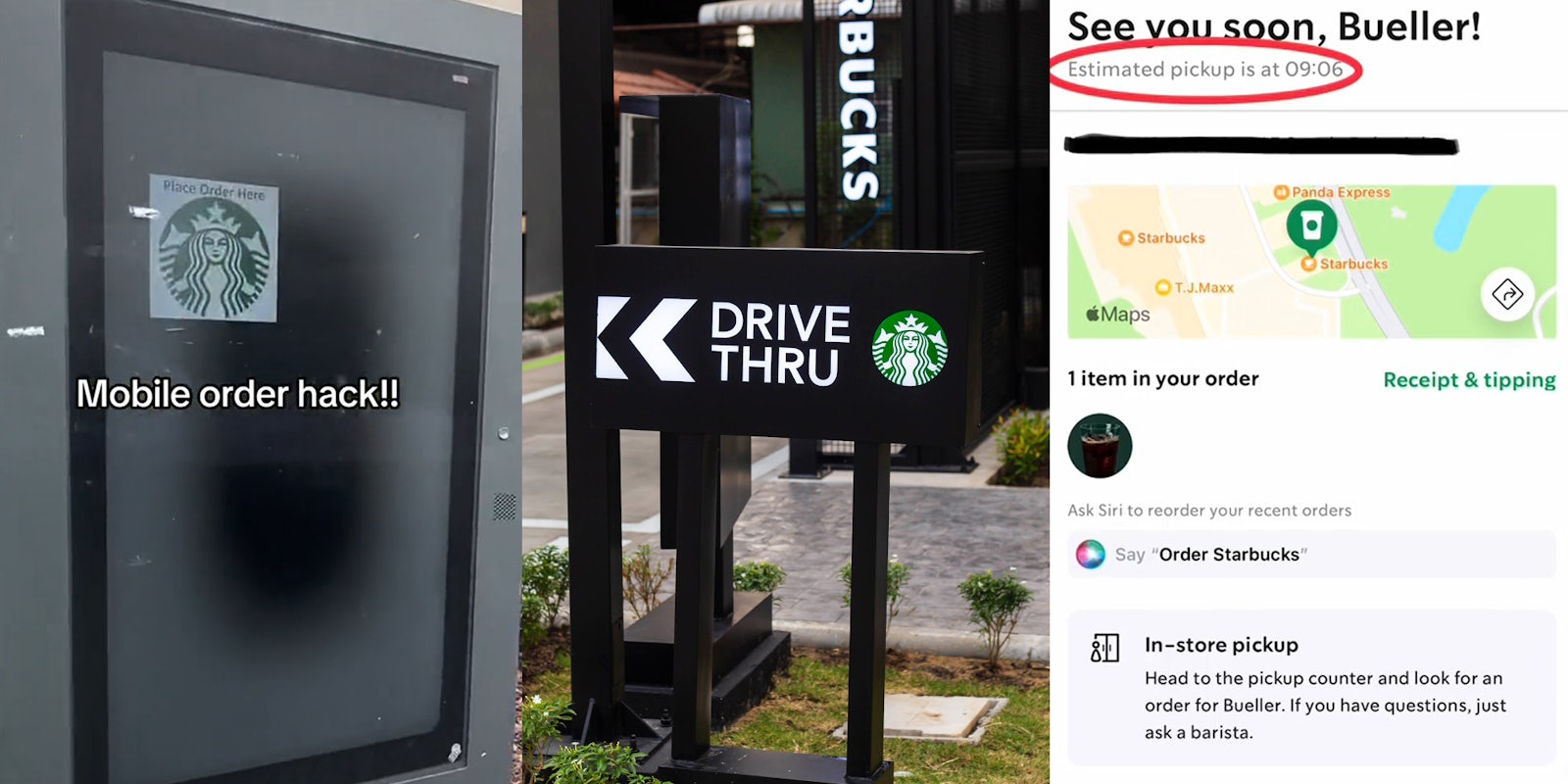 Starbucks drive thru order screen with caption 'Mobile order hack!!' (l) Starbucks drive thru with signs (c) Starbucks mobile order with time circled with red (r)