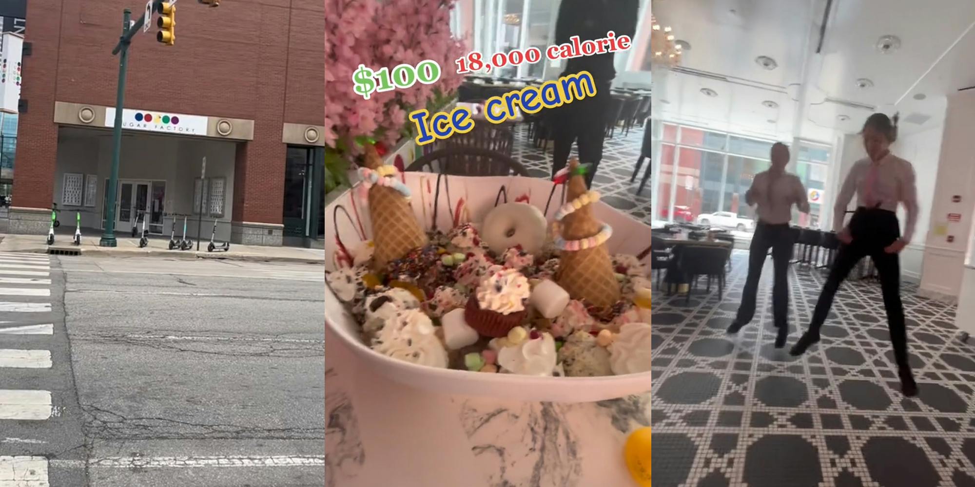 Sugar Factory restaurant view from street (l) ice cream in bowl with caption "$100 18,000 calorie Ice cream" (c) Sugar Factory workers dancing (r)