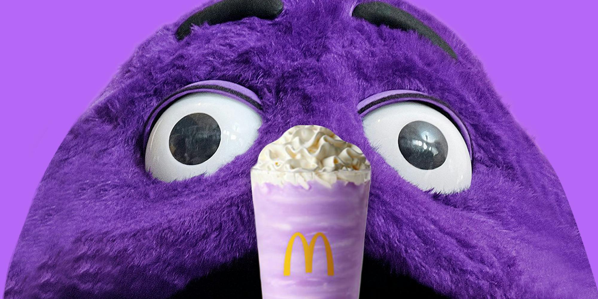 Grimace in front of purple background with Grimace shake