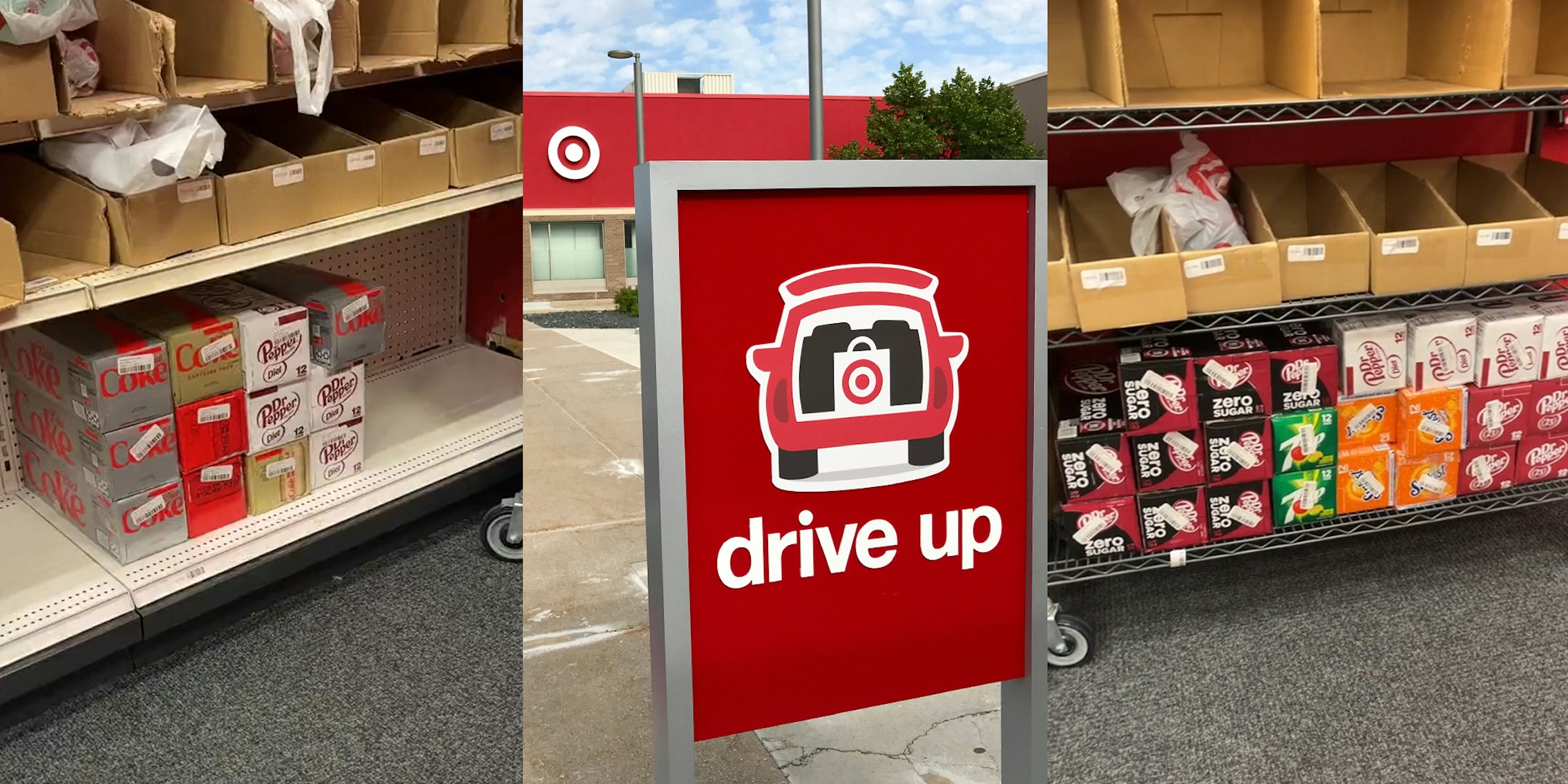 Target drive up shelves with cases of soda stacked on bottom shelf (l) Target drive up sign outside of Target building (c) Target drive up shelves with cases of soda stacked on bottom shelf (r)