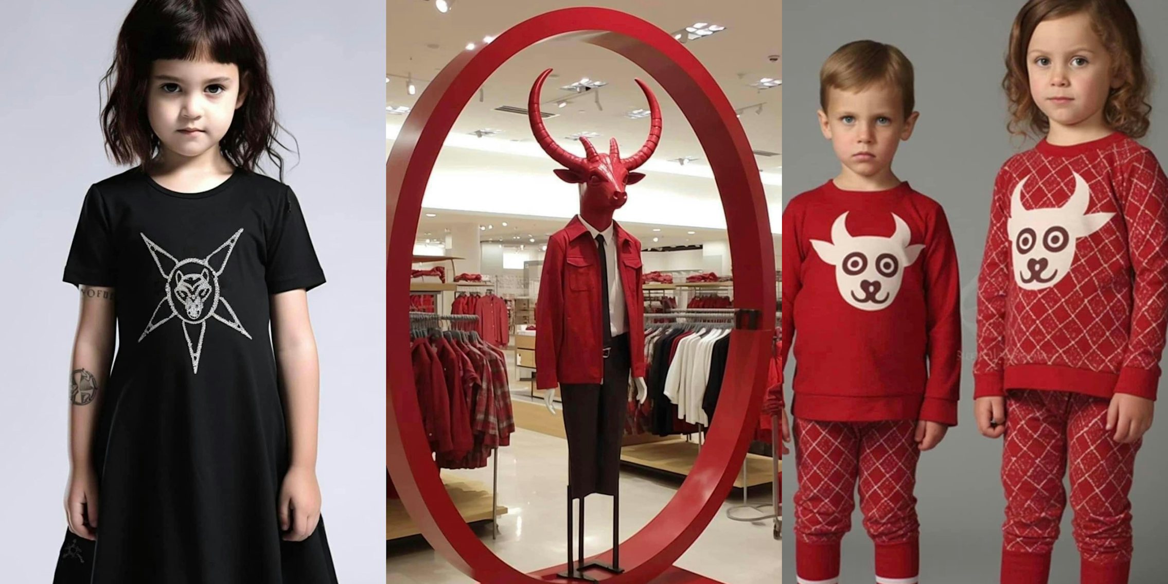 AI generated image of child in satanic dress in front of grey background (l) AI generated image of Target Baphomet display (c) AI generated image of children in satanic pj's in front of grey background (r)
