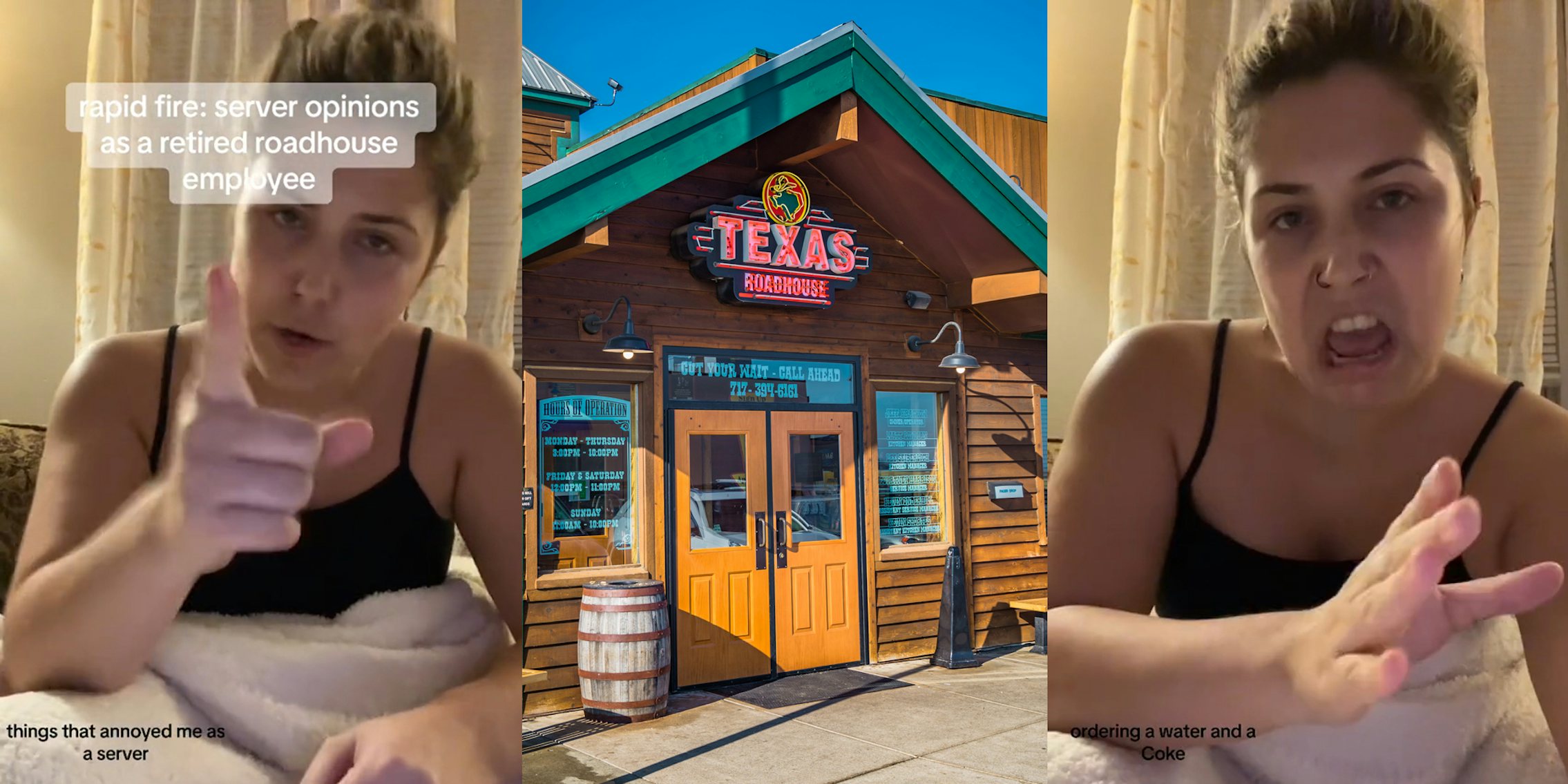 former Texas Roadhouse server speaking with caption 'rapid fire: server opinions as a retired roadhouse employee things that annoyed me as a server' (l) Texas Roadhouse entrance with sign (c) former Texas Roadhouse server speaking with caption 'ordering a water and a Coke' (r)