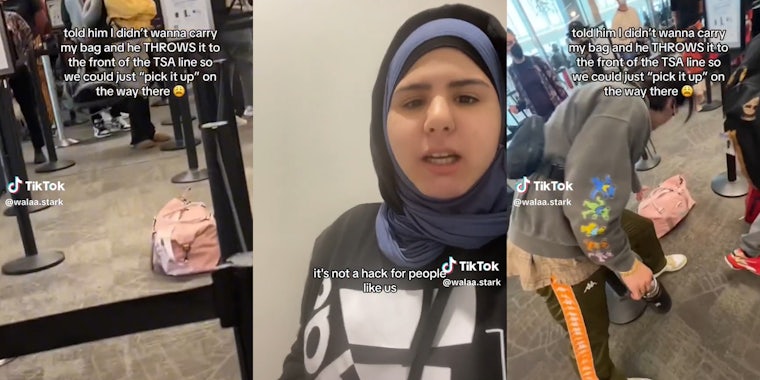 man throws his girlfriend's luggage to front of TSA line (l & r) young woman in hijab with quote 'it's not a hack for people like us'