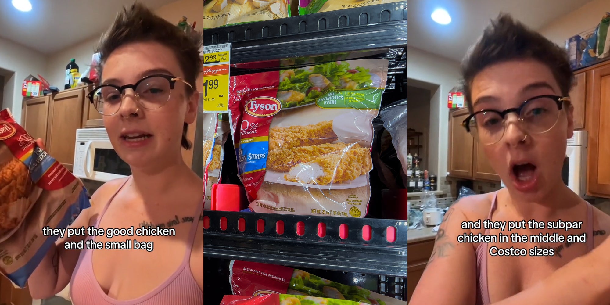 customer speaking with caption 'they put the good chicken and the small bag' (l) Tyson chicken strips in store freezer (c) customer speaking with caption 'and they put the subpar chicken in the middle and Costco sizes' (r)