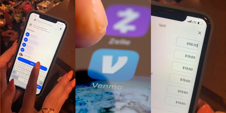 woman holding phone open on Venmo selecting people to split bill with (l) finger tapping Venmo app on phone screen (c) woman holding phone with $98.00 bill split evenly 5 ways (r)