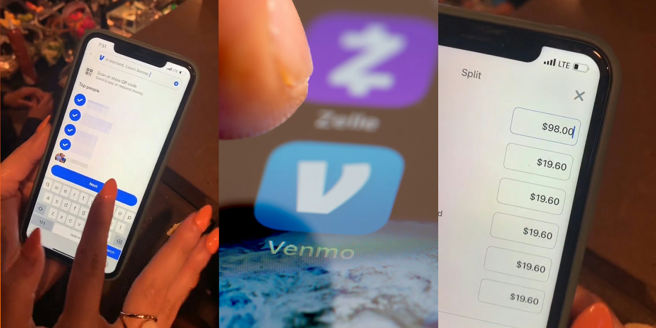 woman holding phone open on Venmo selecting people to split bill with (l) finger tapping Venmo app on phone screen (c) woman holding phone with $98.00 bill split evenly 5 ways (r)