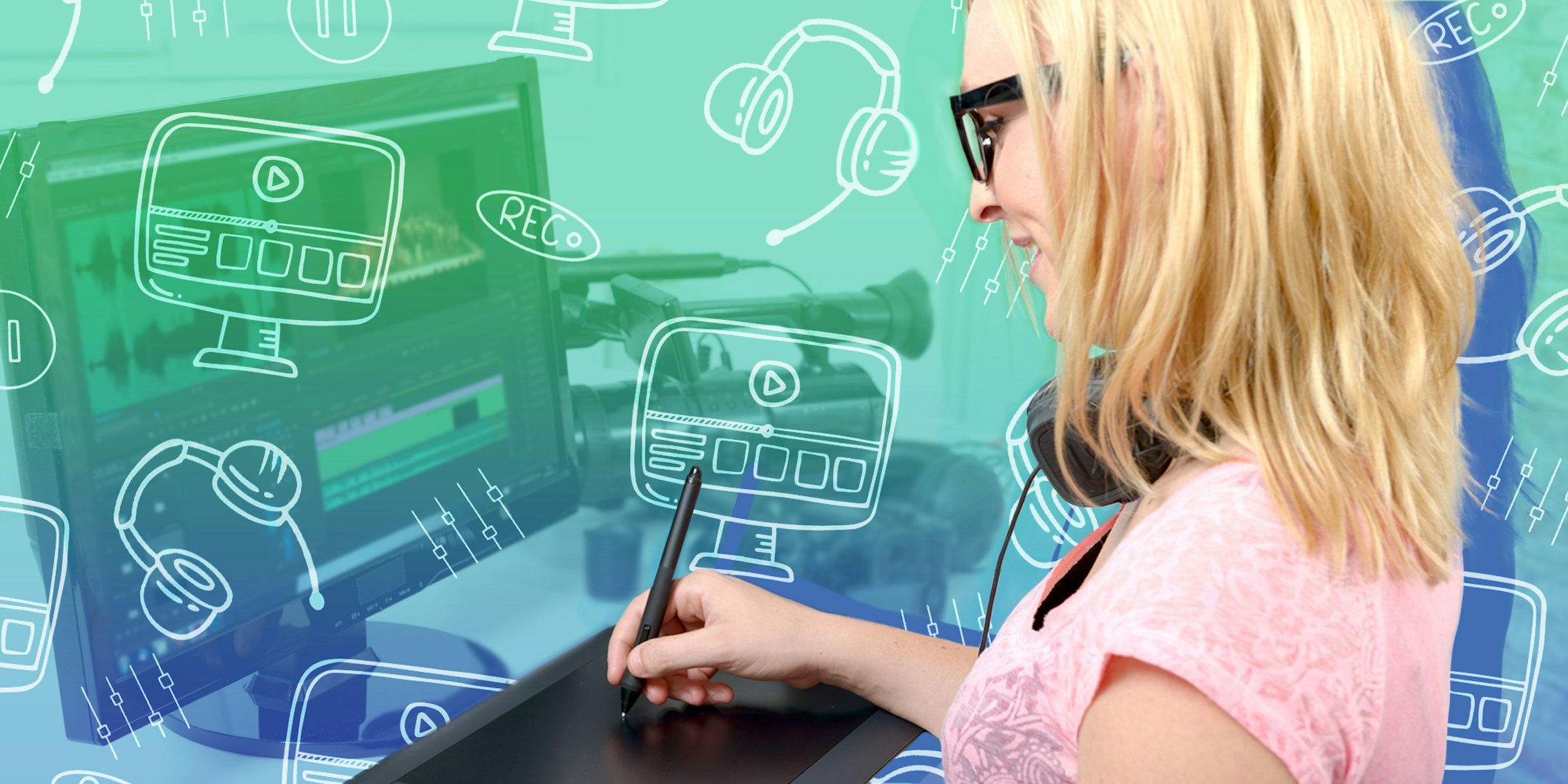 woman editing videos on computer with editing icons green to blue vertical gradient background Passionfruit Remix