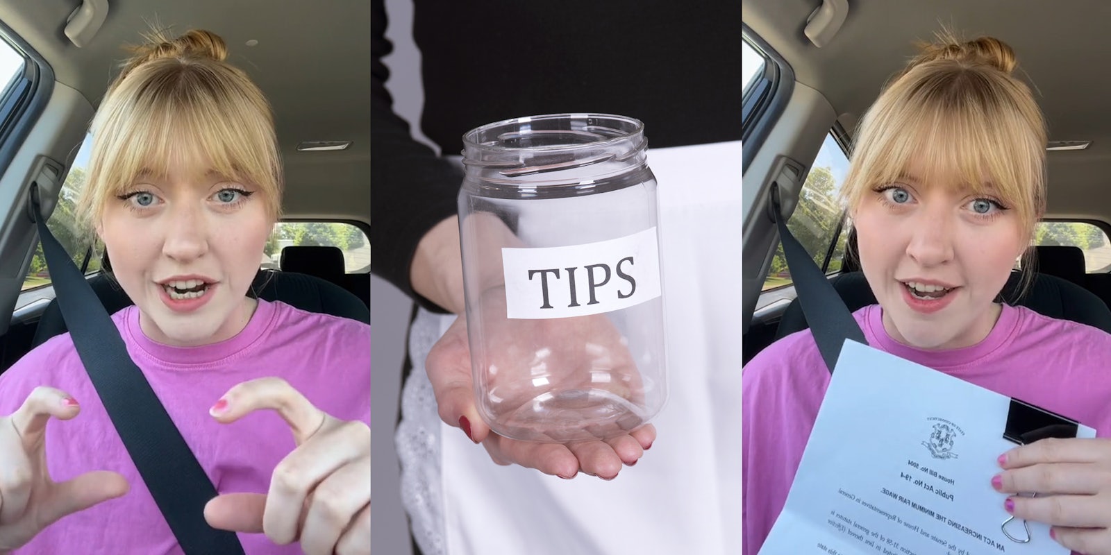 waitress speaking in car (l) Waitress holding up empty tip jar (c) waitress speaking in car holding papers (r)