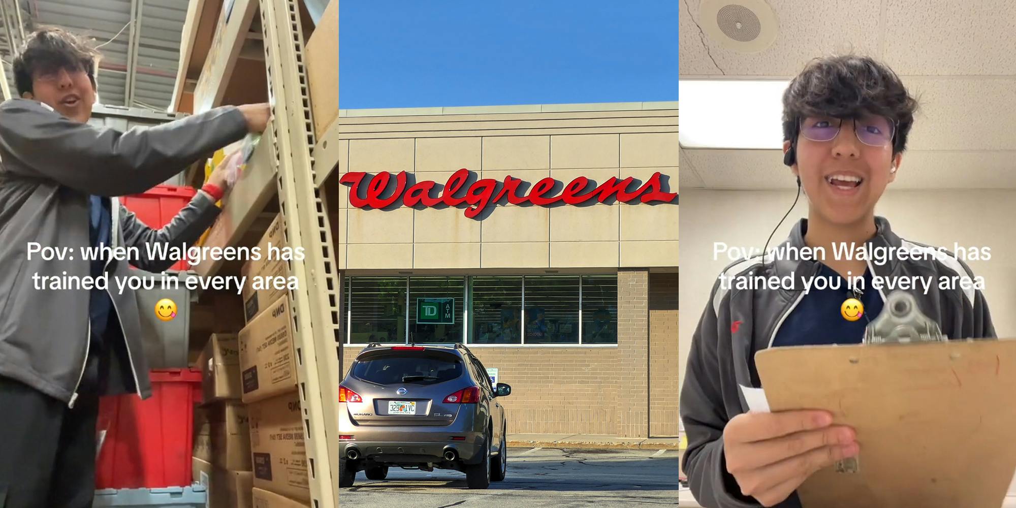 Walgreens employee with caption "Pov: when Walgreens has trained you in every area" (l) Walgreens building with sign (c) Walgreens employee with caption "Pov: when Walgreens has trained you in every area" (r)