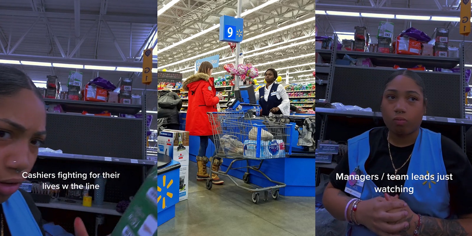 Walmart worker with caption 'Cashiers fighting for their lives w the line' (l) Walmart checkout (c) Walmart worker with caption 'Managers / team leads just watching' (r)
