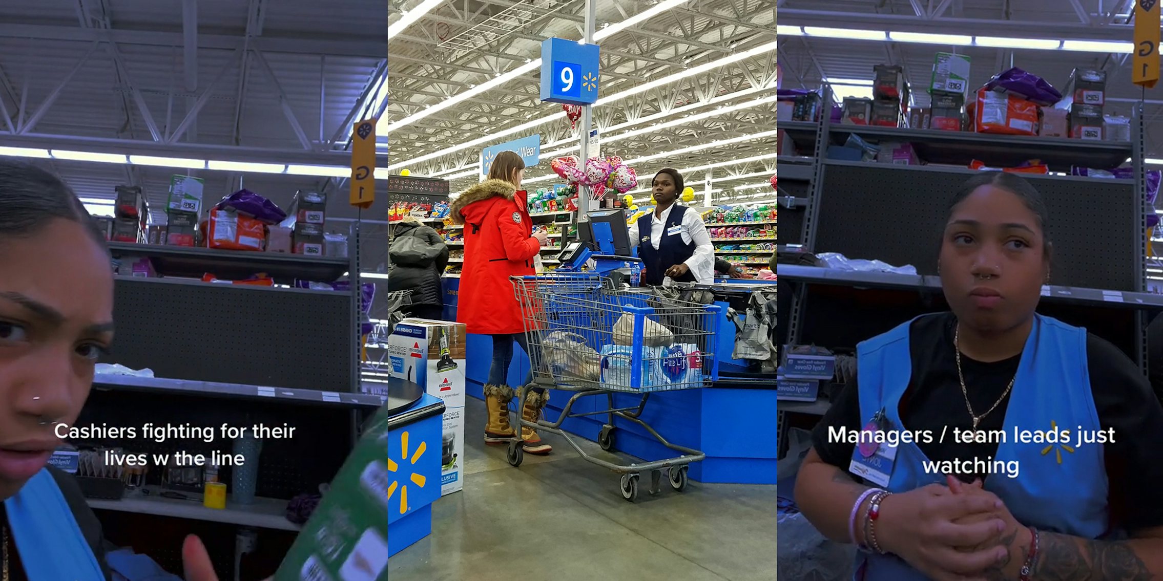 Walmart worker with caption 'Cashiers fighting for their lives w the line' (l) Walmart checkout (c) Walmart worker with caption 'Managers / team leads just watching' (r)