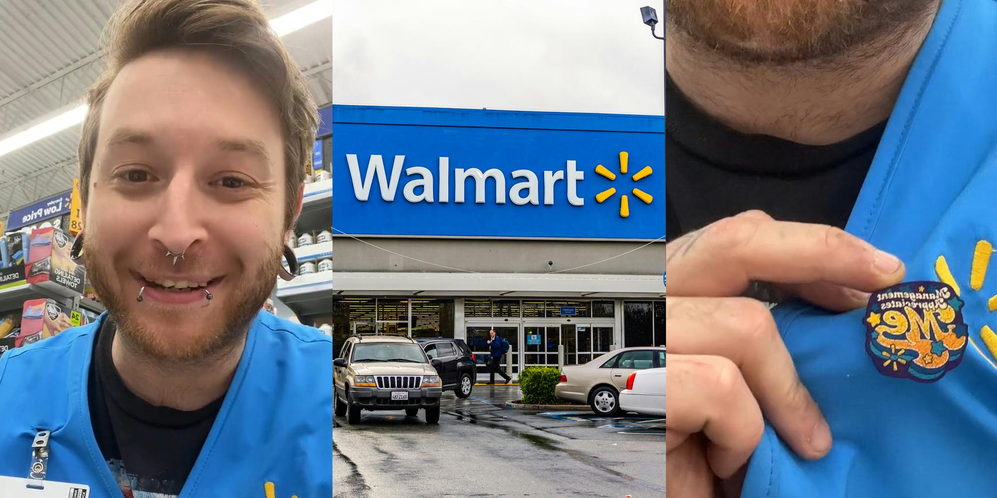 Walmart employee speaking (l) Walmart sign above building entrance (c) Walmart employee showing off pin (r)