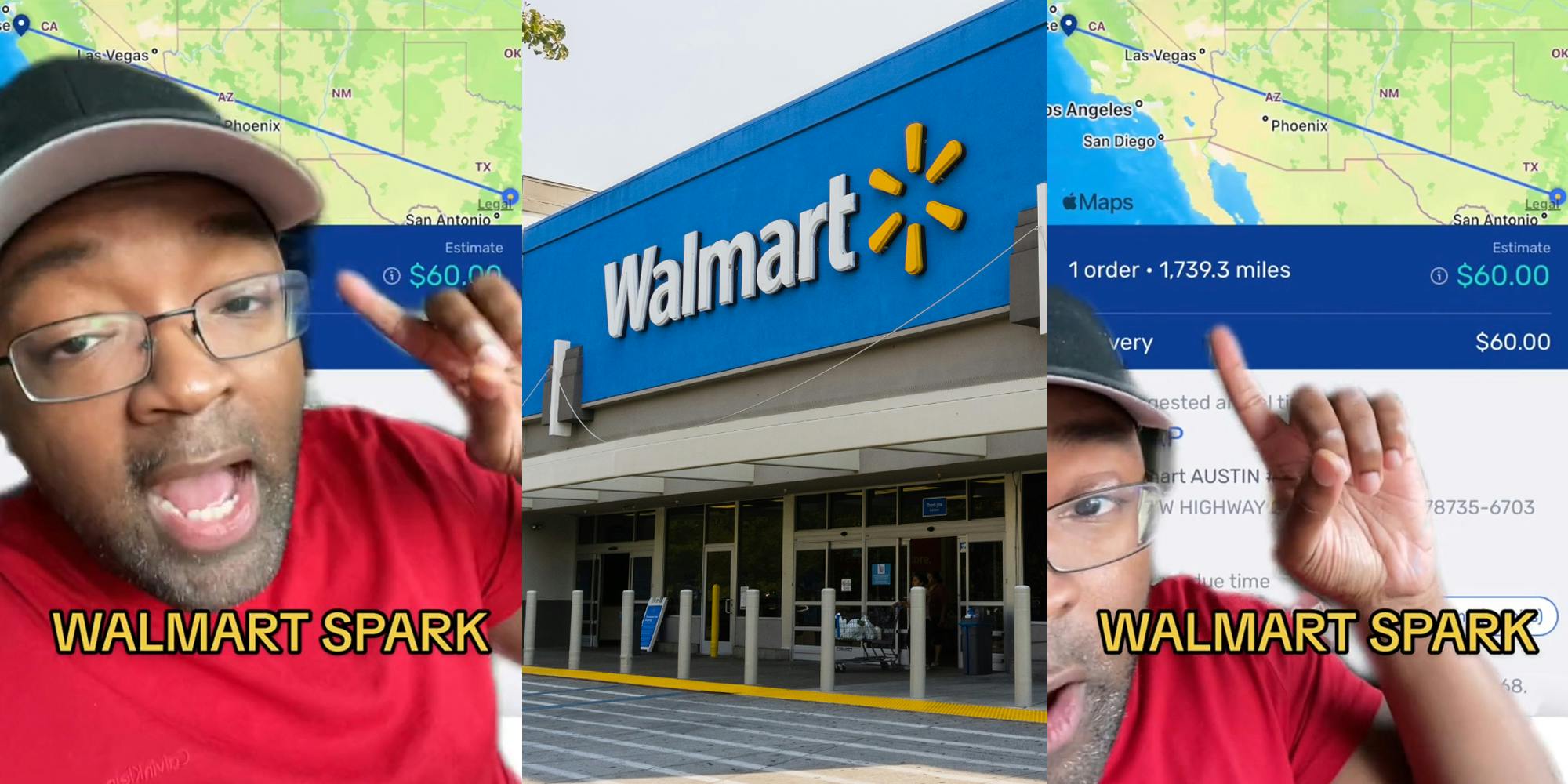 Spark delivery driver greenscreen TikTok over long distance order with caption "WALMART SPARK" (l) Walmart entrance with sign (c) Spark delivery driver greenscreen TikTok over long distance order with caption "WALMART SPARK" (r)