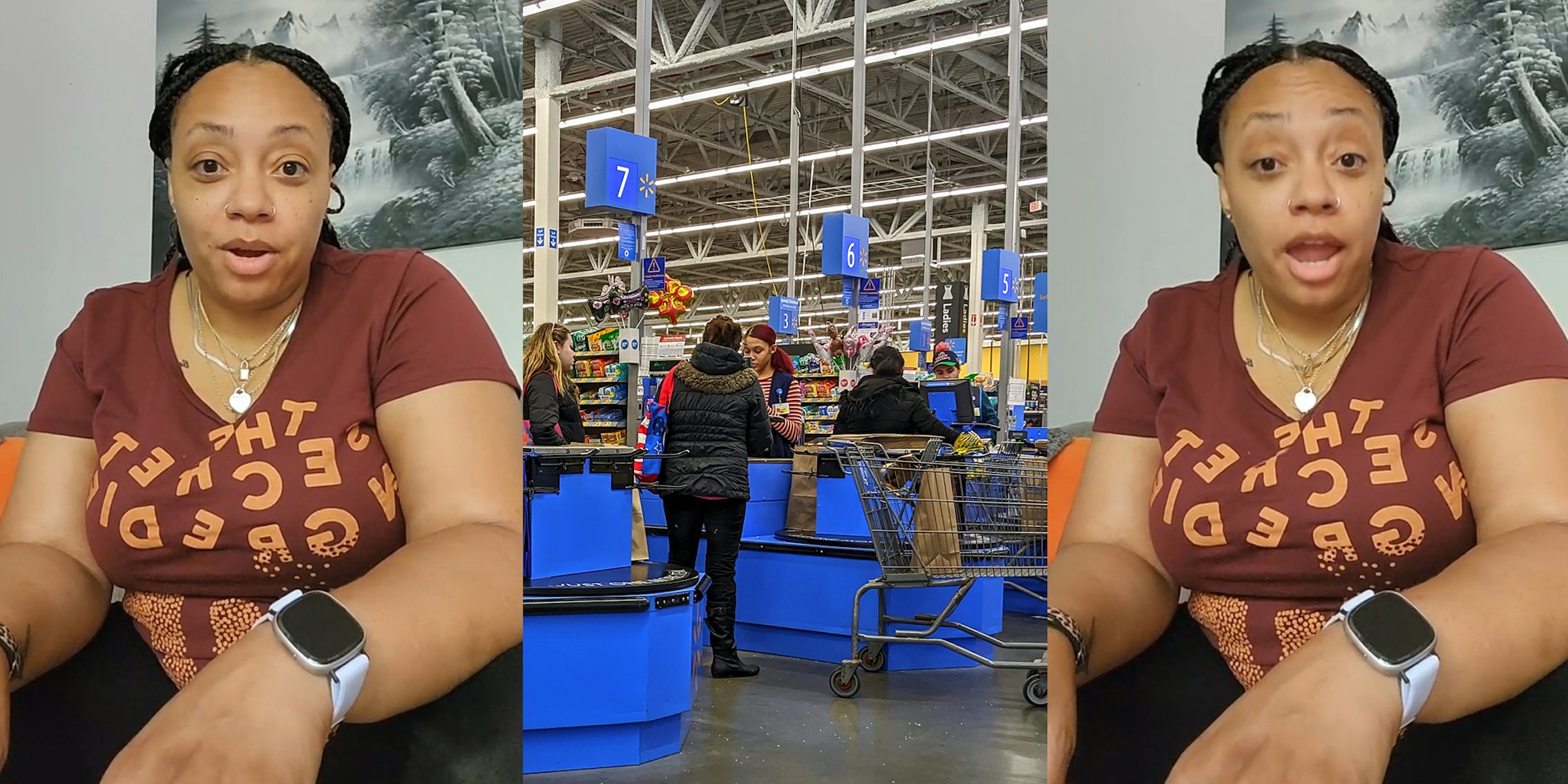 Walmart customer speaking (l) Walmart checkout aisles (c) Walmart customer speaking (r)