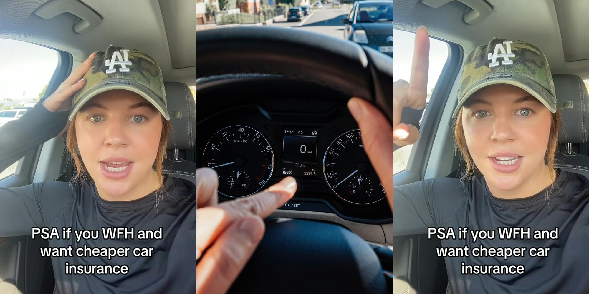 wfh worker in car speaking with caption "PSA if you WFH and want cheaper car insurance" (l) woman in driver seat pointing to milage on car display (c) wfh worker in car speaking with caption "PSA if you WFH and want cheaper car insurance" (r)