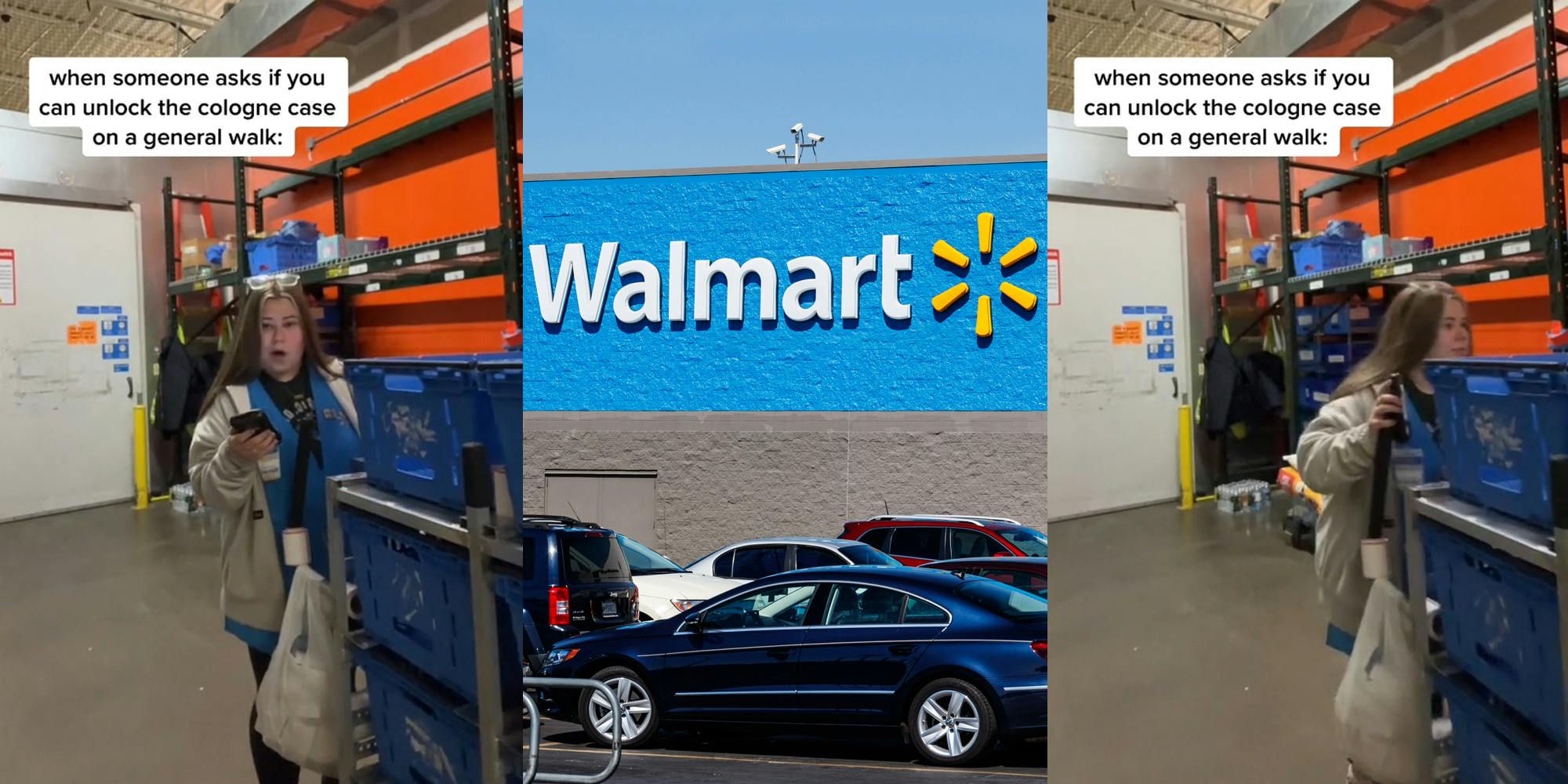 Walmart employee with caption "when someone asks if you can unlock the cologne case on a general walk" (l) Walmart building with sign and parking lot (c) Walmart employee with caption "when someone asks if you can unlock the cologne case on a general walk" (r)
