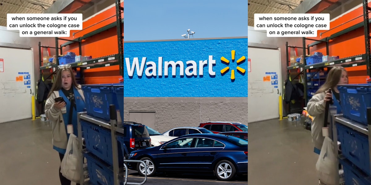 Walmart employee with caption 'when someone asks if you can unlock the cologne case on a general walk' (l) Walmart building with sign and parking lot (c) Walmart employee with caption 'when someone asks if you can unlock the cologne case on a general walk' (r)