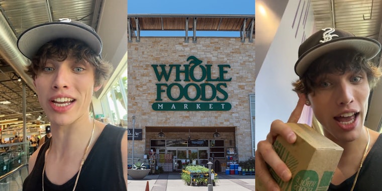 Whole Foods customer speaking (l) Whole Foods building entrance with sign (c) Whole Foods customer speaking holding box (r)