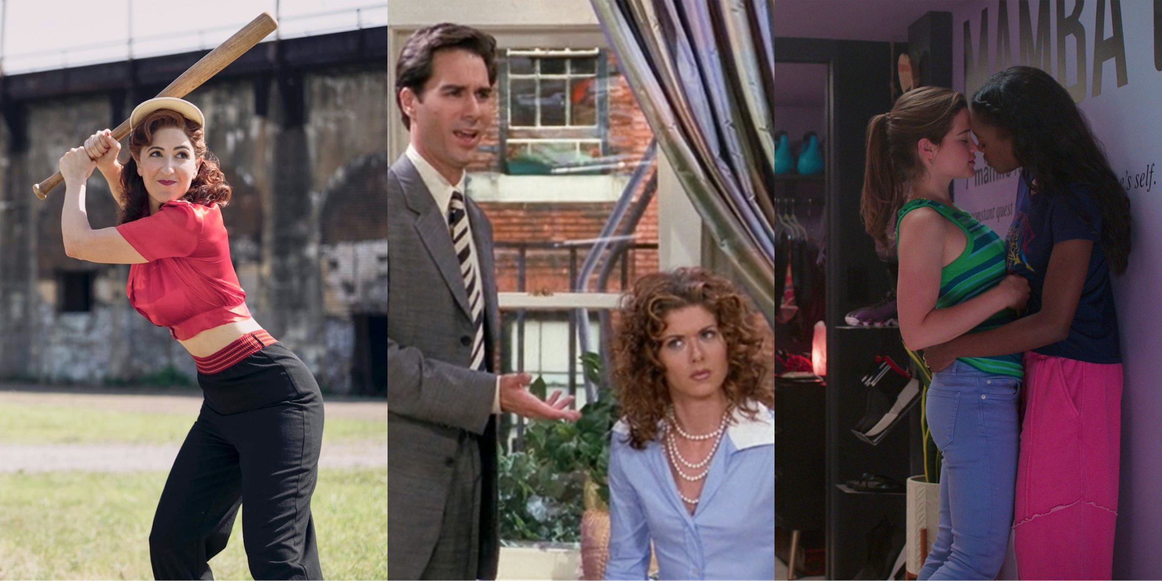 A woman swinging a bat, a man and a woman in a conversation, and two women embracing. These are all stills from TV shows featuring LGBTQ characters.