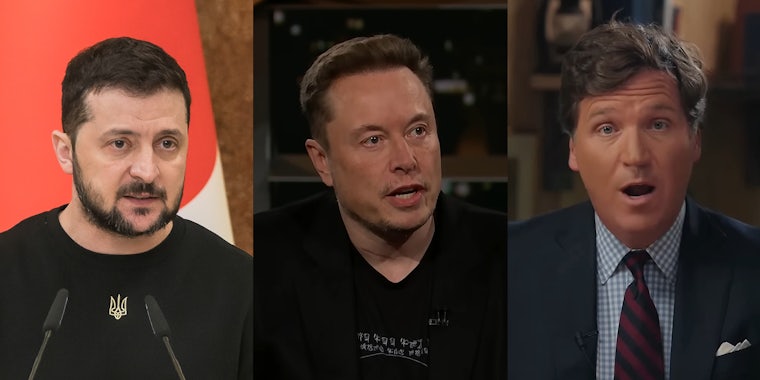 Volodymyr Zelenskyy speaking in front of red background (l) Elon Musk speaking in front of dark background (c) Tucker Carlson speaking in front of blurry brown background (r)