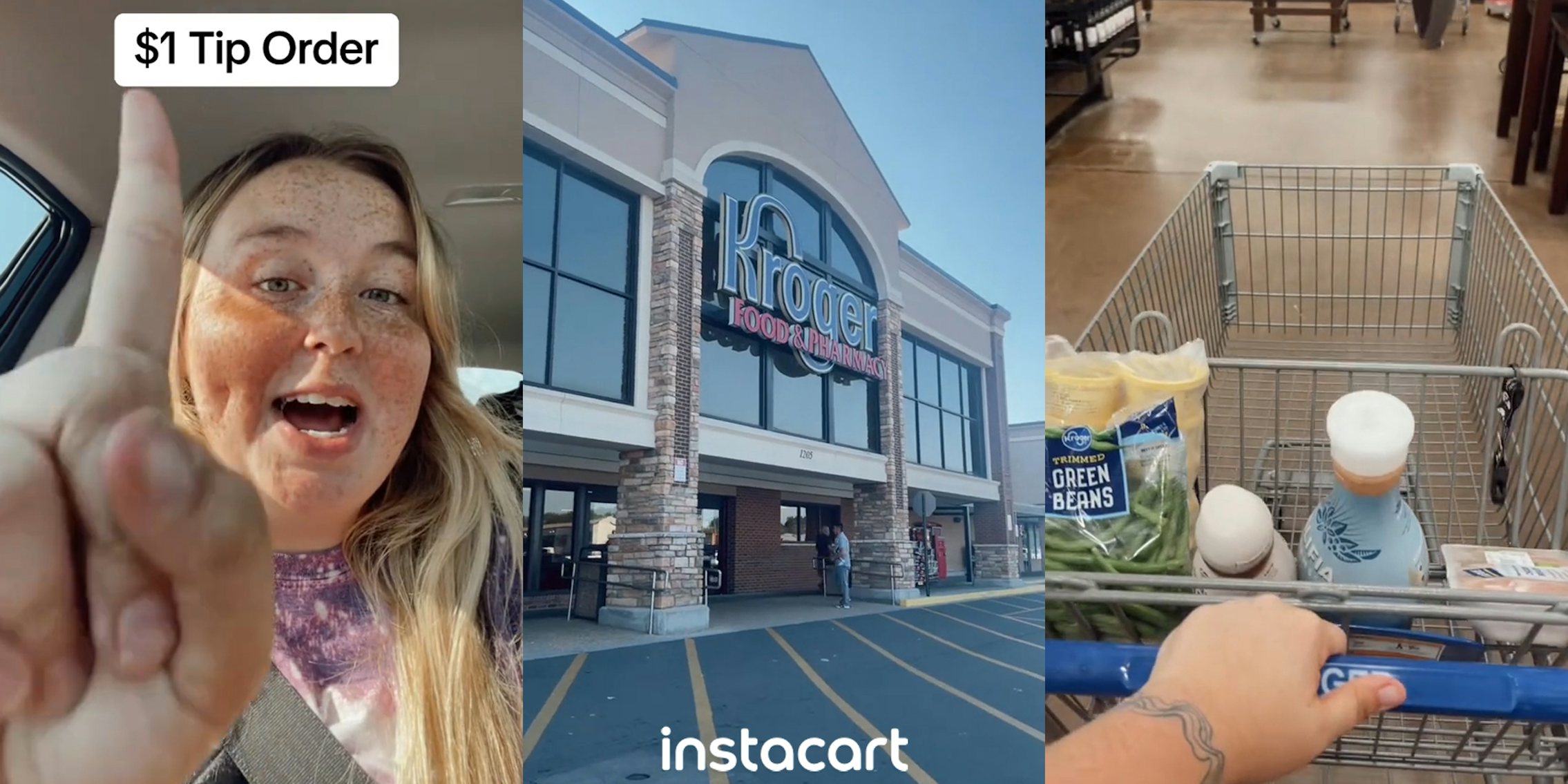 Instacart driver speaking in car with caption '$1 Tip Order' (l) Kroger grocery store with sign with Instacart logo at bottom (c) Instacart shopper pushing car with groceries inside Kroger (r)