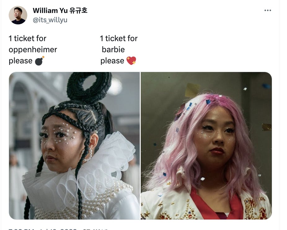 1 ticket to barbie meme showing stephanie hsu in different outfits