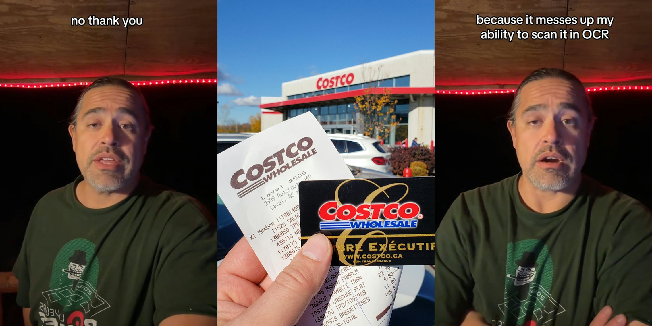 Costco customer speaking with caption 'no thank you' (l) Costco customer with receipt and card outside in front of Costco building (c) Costco customer speaking with caption 'because it messes up my ability to scan it in OCR' (r)