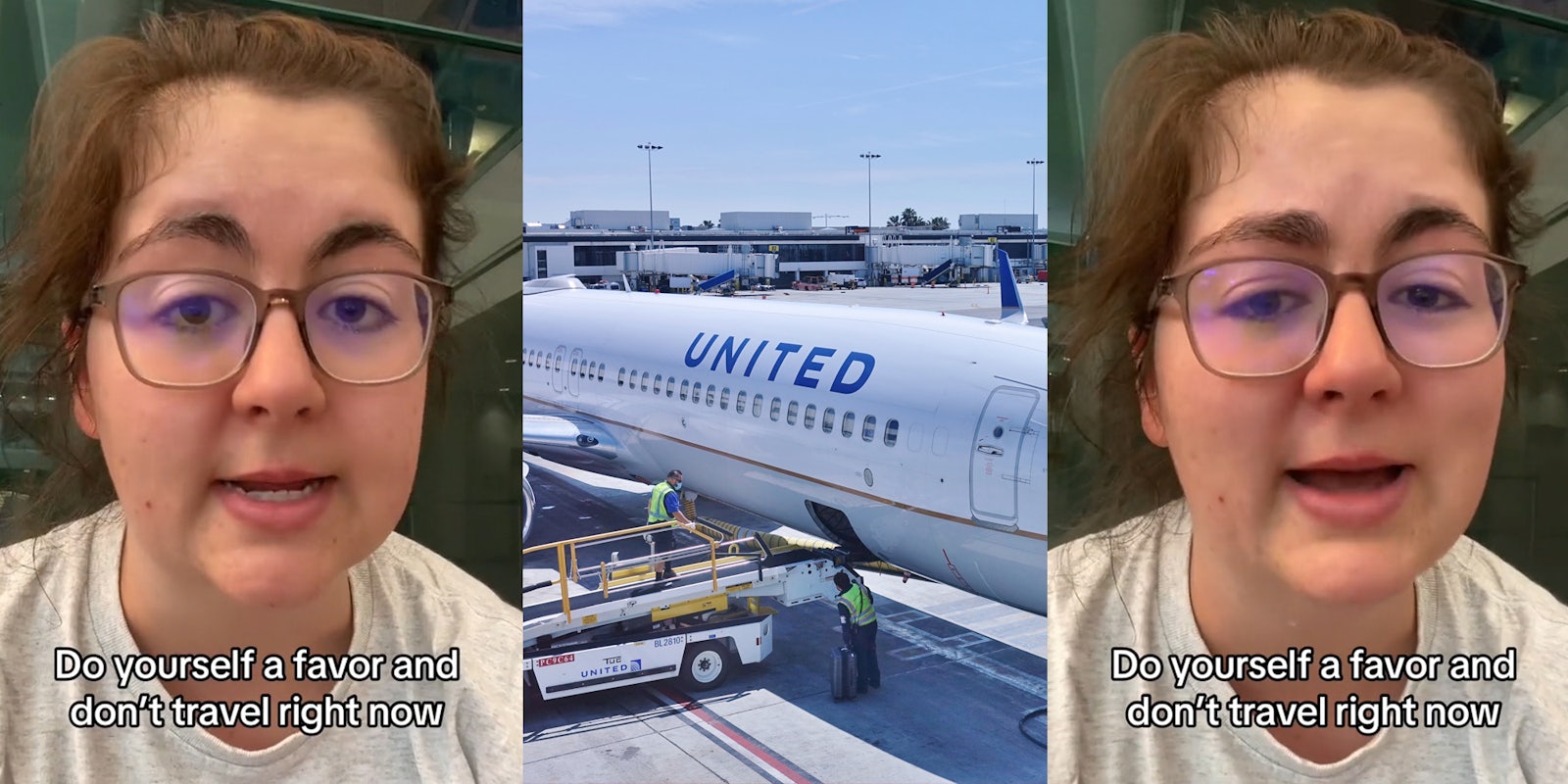 United Airlines passenger speaking with caption 'Do yourself favor and don't travel right now' (l) United Airlines plane in runway (c) United Airlines passenger speaking with caption 'Do yourself favor and don't travel right now' (r)