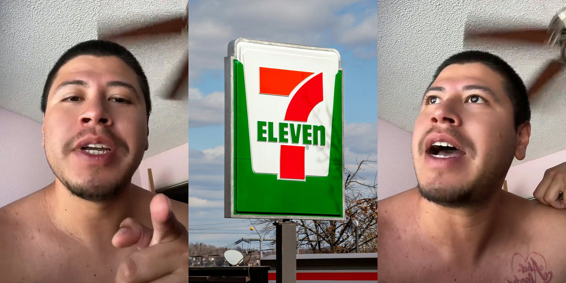 former 7-Eleven employee speaking (l) 7-Eleven sign (c) former 7-Eleven employee speaking (r)