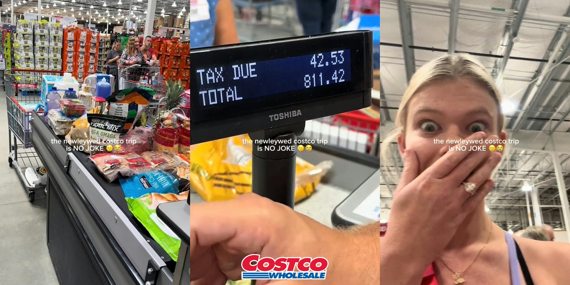 Costco checkout conveyer belt full of groceries with caption "the newlywed costco trip is NO JOKE" (l) Costco checkout displaying "TOTAL $811.42" with Costco logo at bottom (c) Costco customer with hand over mouth with caption "the newlywed costco trip is NO JOKE" (r)