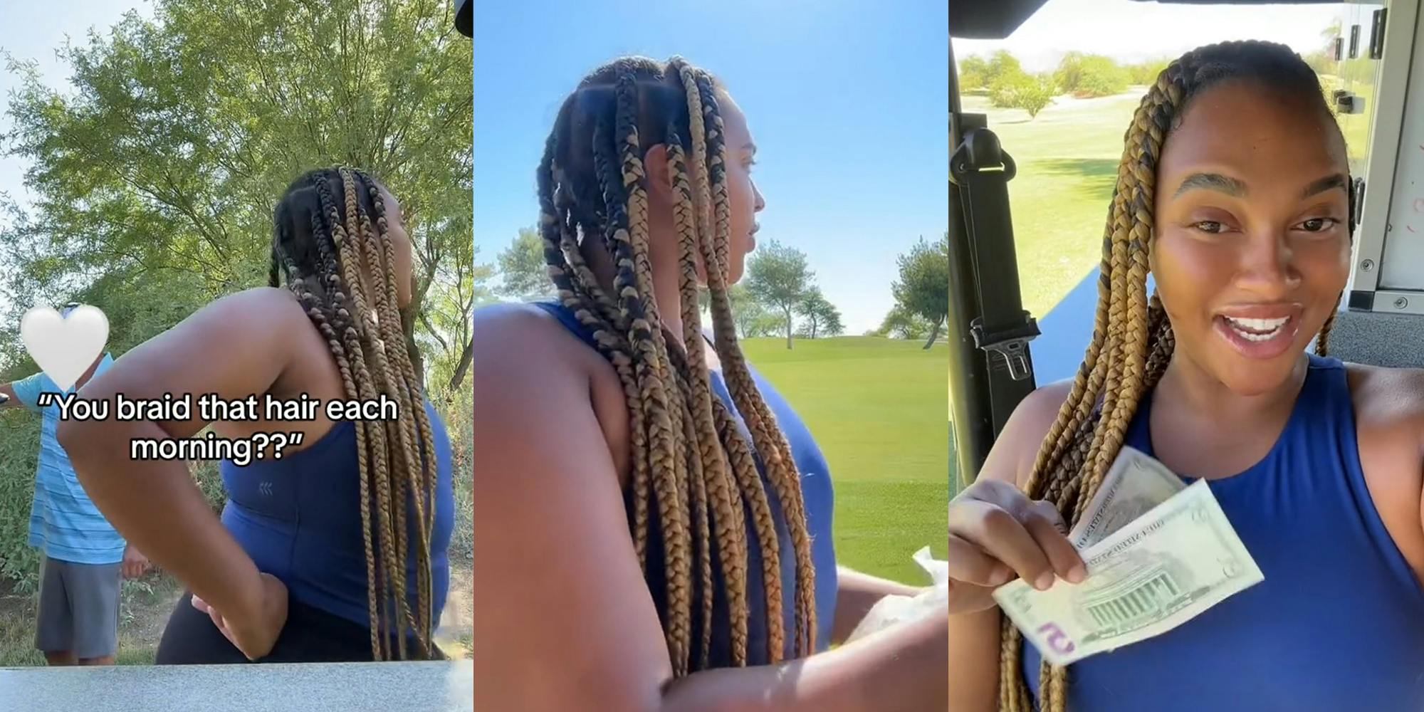 Golfer asks Black golf cart server about her braids.