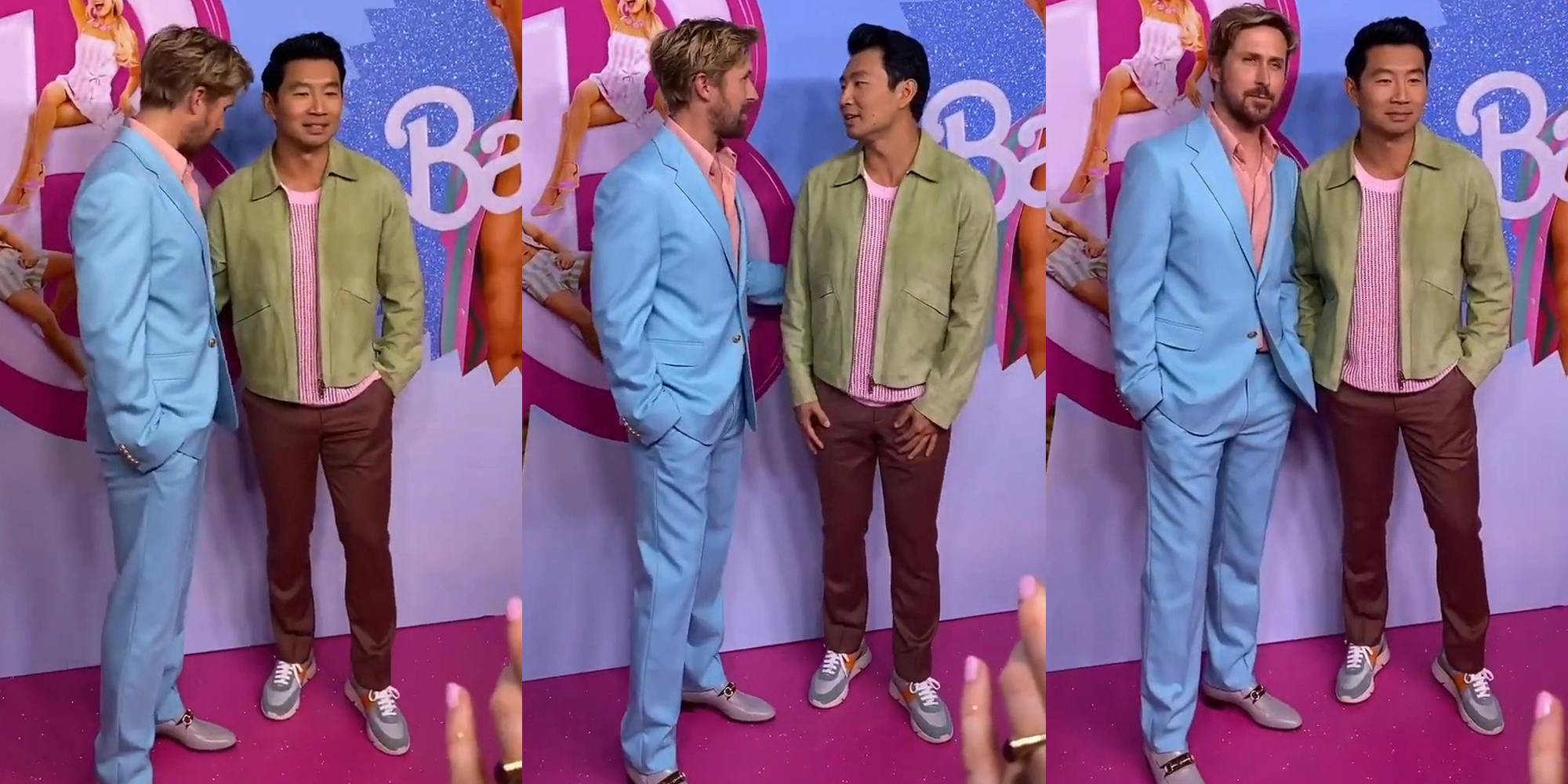 Ryan Gosling and Sumu Liu in front of barbie background (l) Ryan Gosling and Sumu Liu in front of barbie background (c) Ryan Gosling and Sumu Liu in front of barbie background (r)