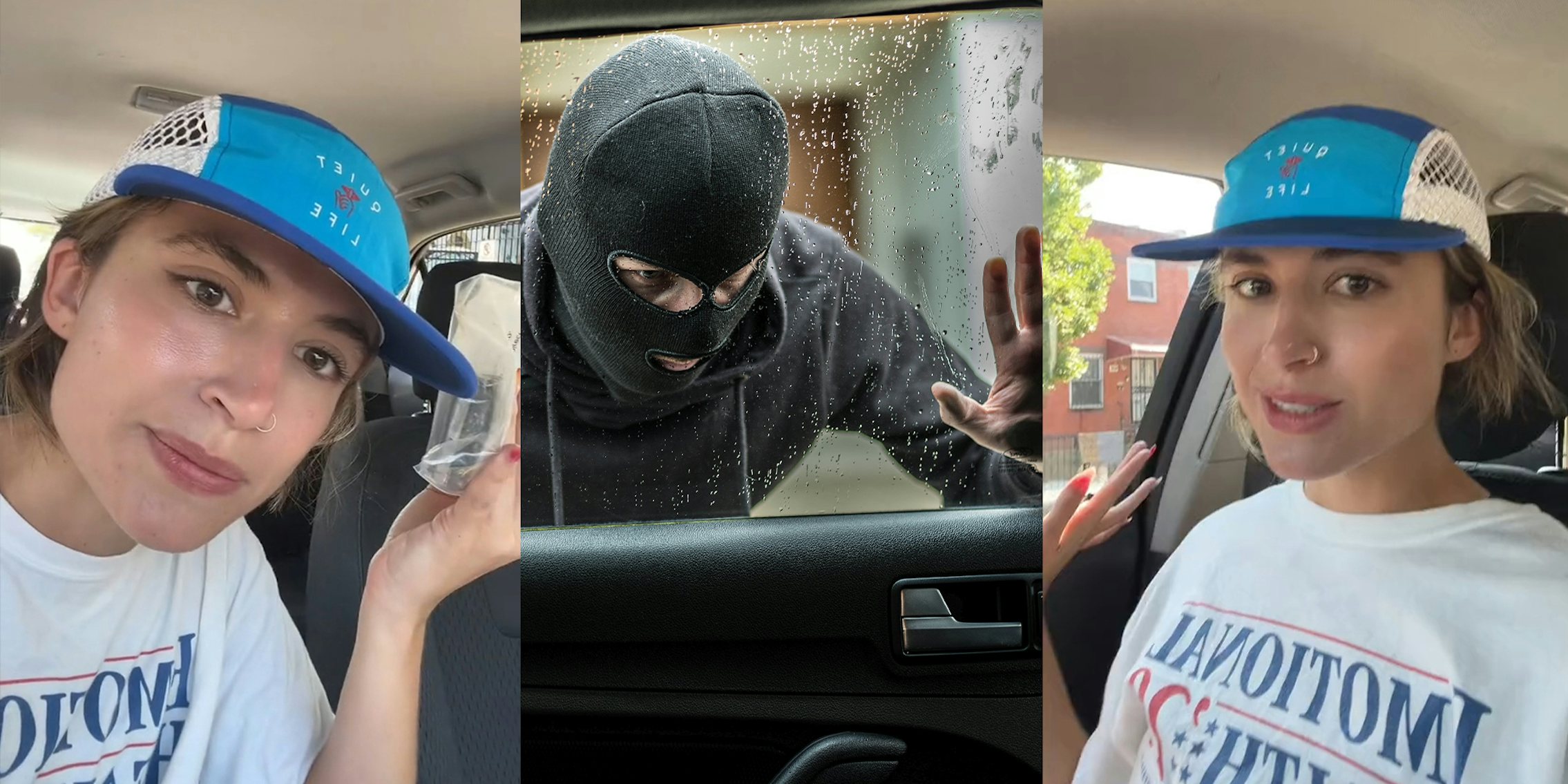 Woman wearing blue hat and white shirt inside of car; Man dressed in black with a balaclava on his head looking through car window and wondering how to break into this car.