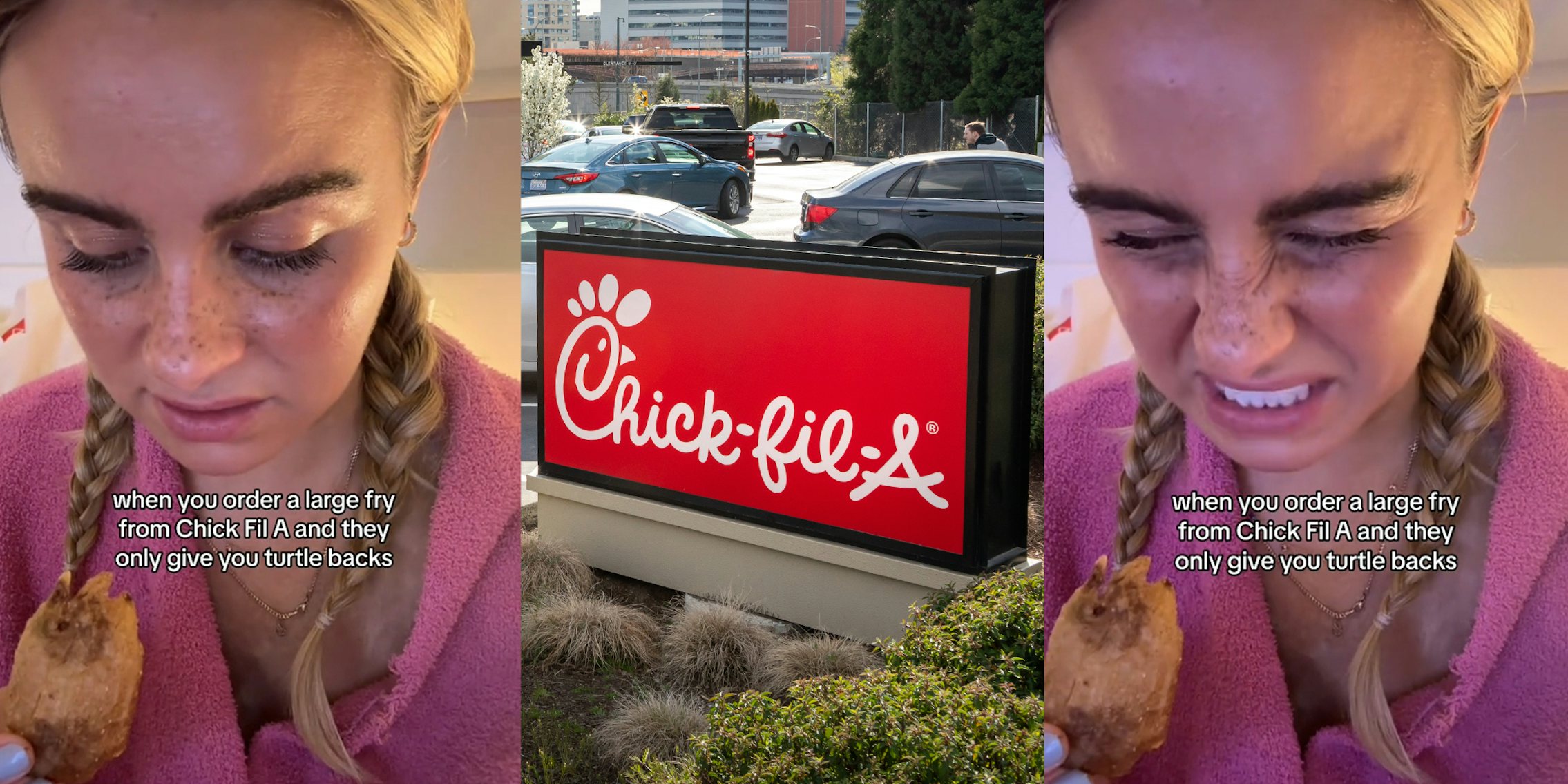 Chick-fil-A customer orders a large fry. She gets a whole container full of 'turtle backs'