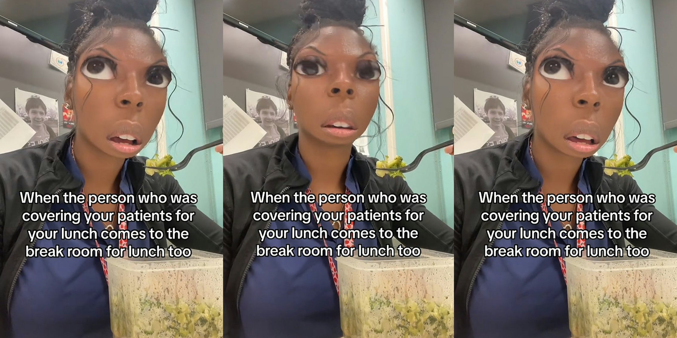 Worker takes lunch break. But she sees co-worker who's supposed to be covering her shift in the break room