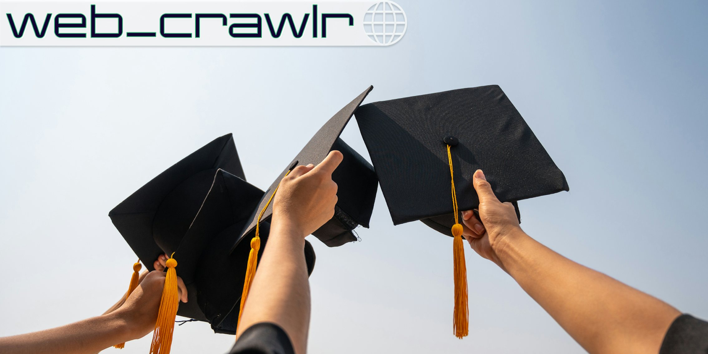 Graduation caps being held in the air. The Daily Dot newsletter web_crawlr logo is in the top left corner.