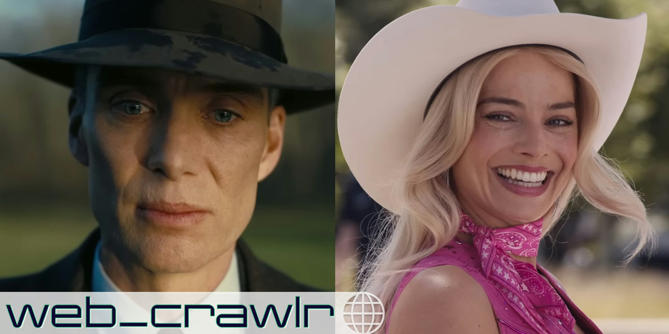 A still from 'Oppenheimer' and a still from 'Barbie.' The Daily Dot newsletter web_crawlr logo is in the bottom left corner.
