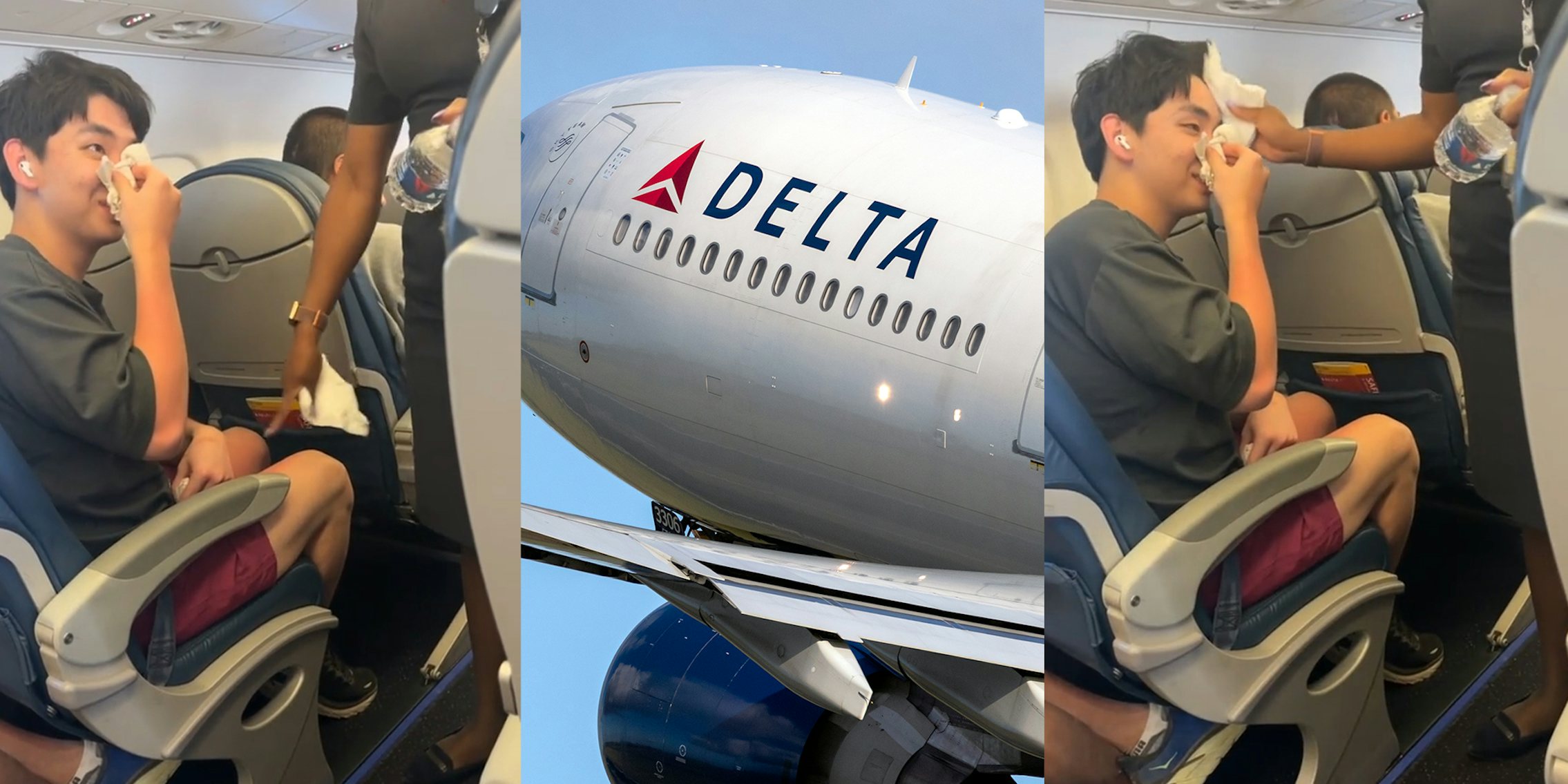 Delta flight attendant gently comforts sick passenger