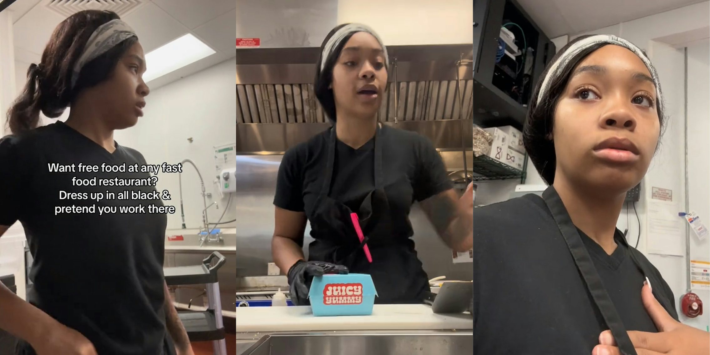 Woman dresses up in all black and pretends to work at restaurant. Workers give her free food