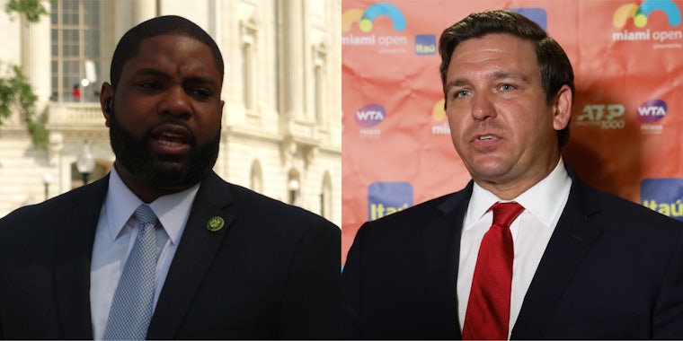 Byron Donalds speaking outside (l) Ron DeSantis speaking in front of coral colored background (r)