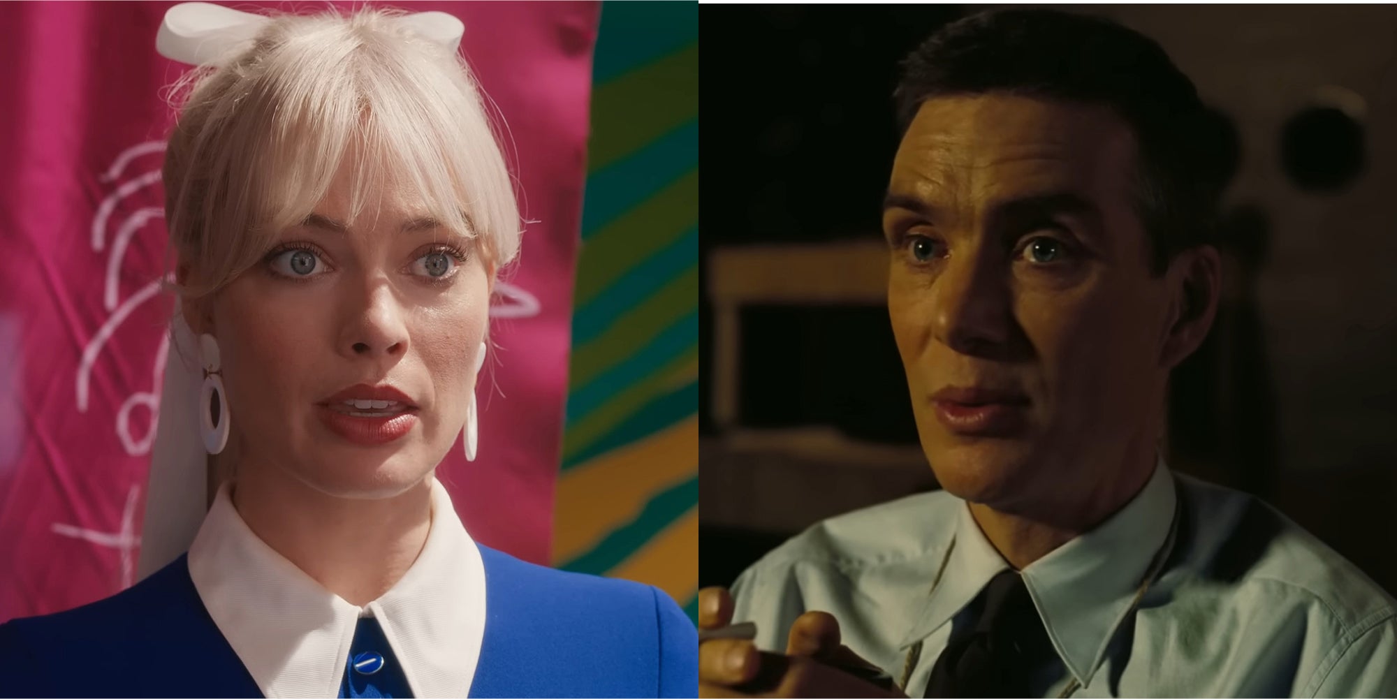 Margot Robbie as Barbie in Barbie (l) Cillian Murphy as J. Robert Oppenheimer in Oppenheimer (r)