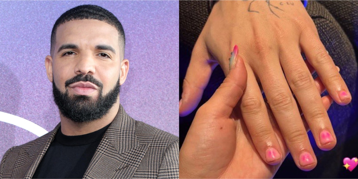Drake in front of purple background (l) Drake's hand held in another with nail polish on nails (r)