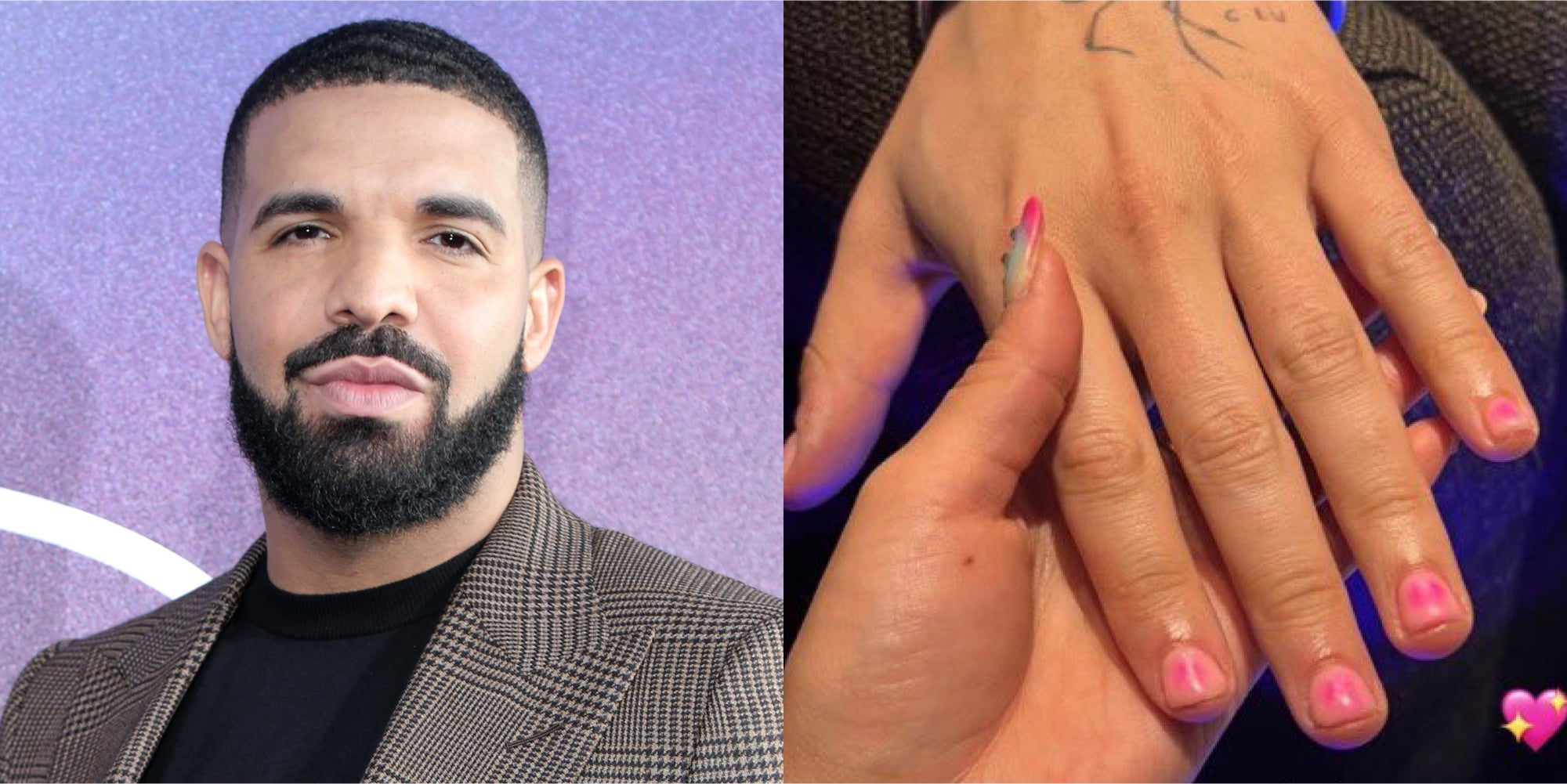 Drake in front of purple background (l) Drake's hand held in another with nail polish on nails (r)