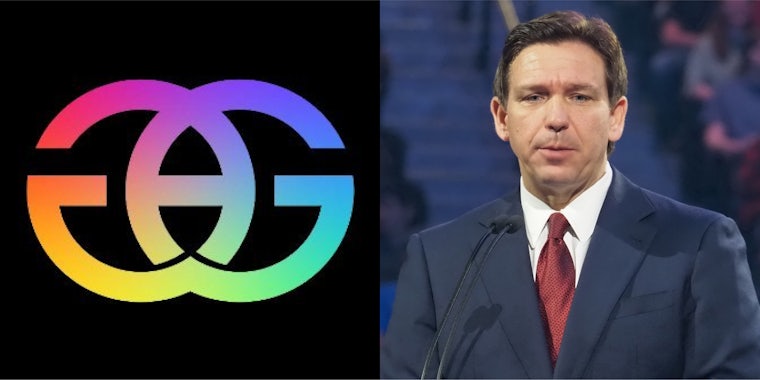 Gays Against Groomers logo in front of black background (l) Ron DeSantis speaking in front of blurry crowd background (r)