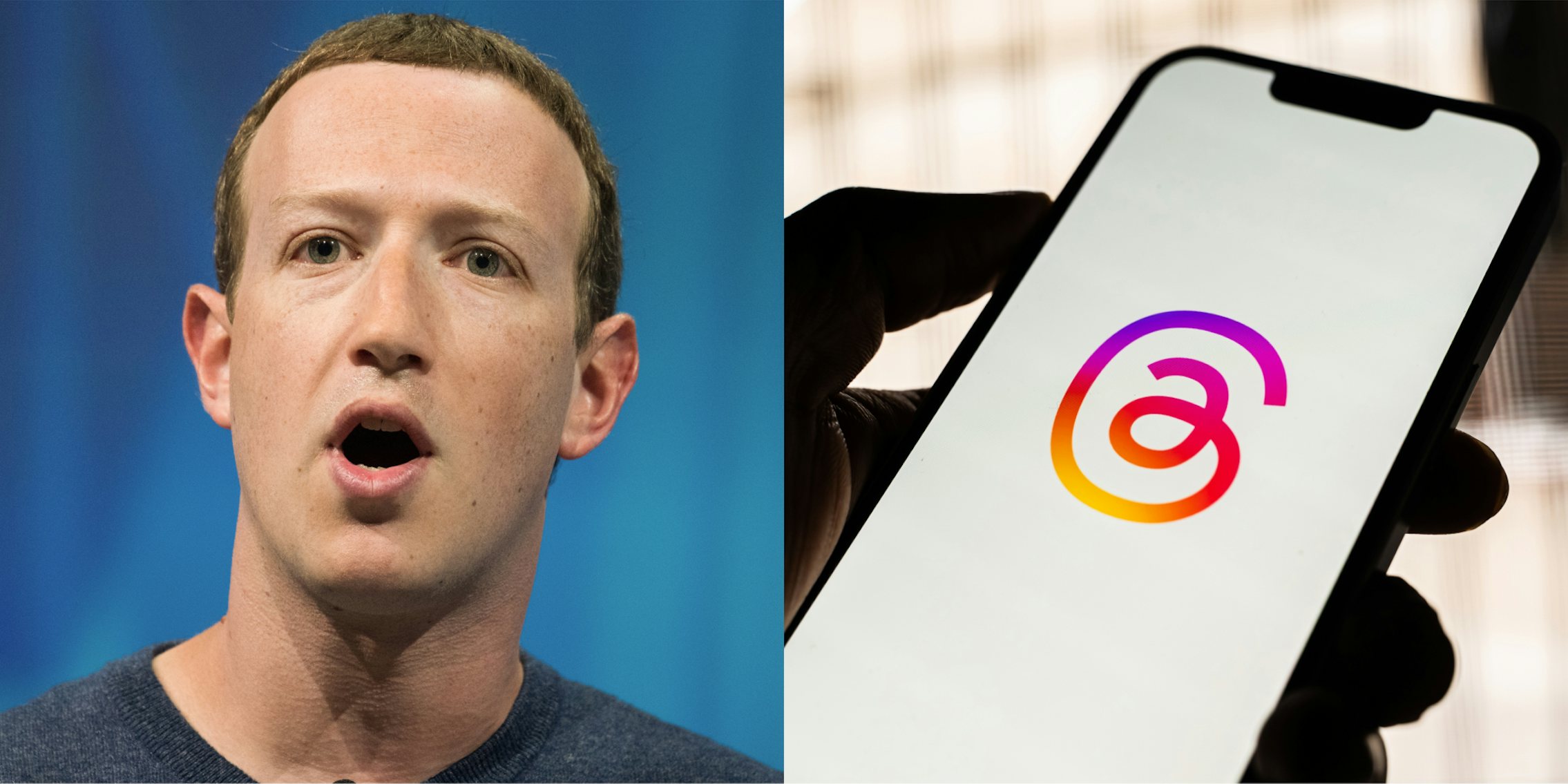 Mark Zuckerberg in front of blue background (l) hand holding phone with Threads logo on white screen (r)