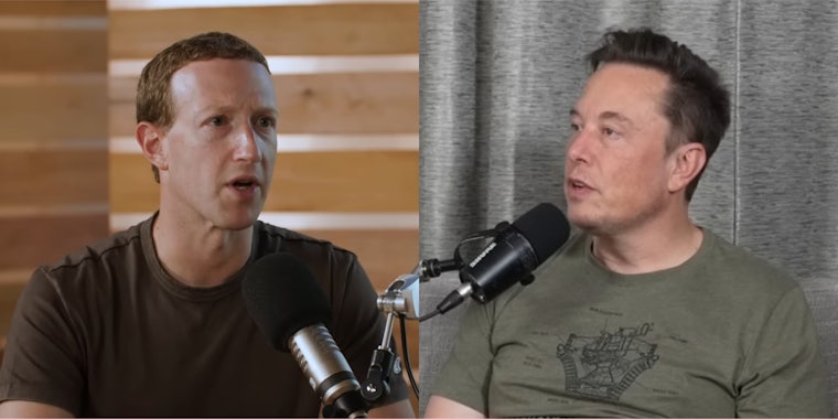 Mark Zuckerberg speaking into microphone in front of wood background (l) Elon Musk threads speaking into microphone in front of grey background (r)